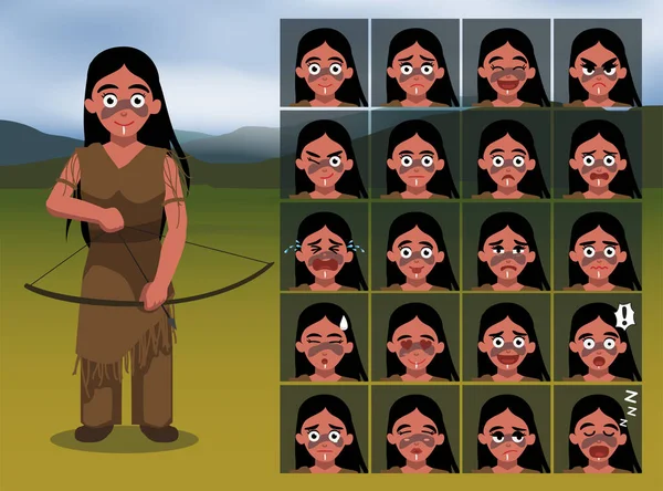 Native American Comanche Girl Archer Cartoon Emotion Faces Vector Illustration — Vettoriale Stock