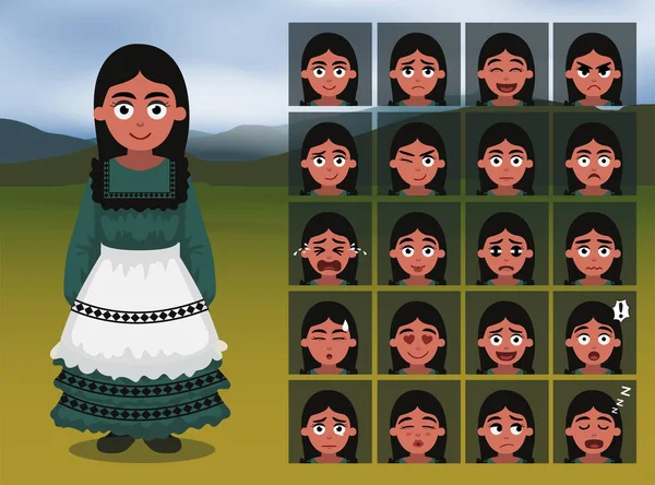 Native American Choctaw Girl Cartoon Emotion Faces Vector Illustration — Vetor de Stock