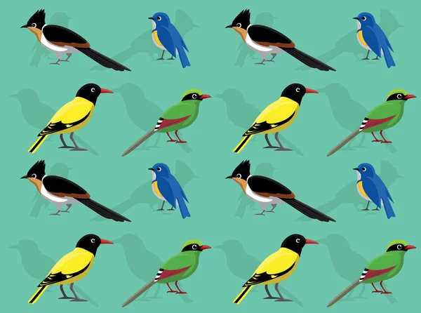 Vogel Blauwstaart Koekoek Oriole Groene Ekster Cartoon Naadloze Achtergrond — Stockvector
