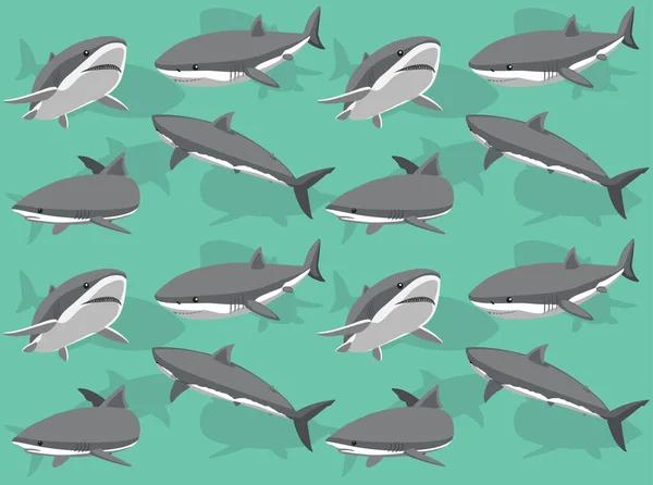 Great White Shark Poses Cartoon Character Seamless Wallpaper Background — Stock Vector