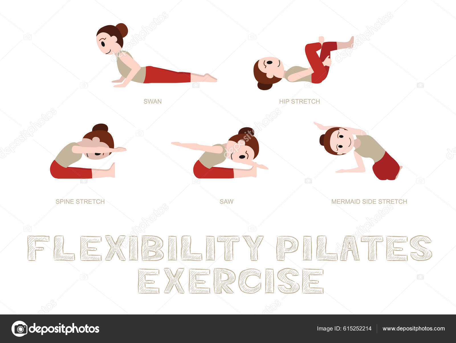 Pilates Flexibility Exercise Pose Cartoon Vector Illustration Set