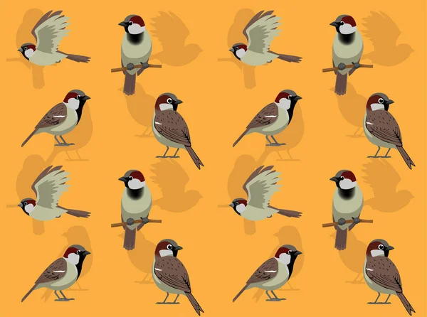 House Sparrow Innehar Söt Tecknad Karaktär Sömlös Bakgrundsbild — Stock vektor