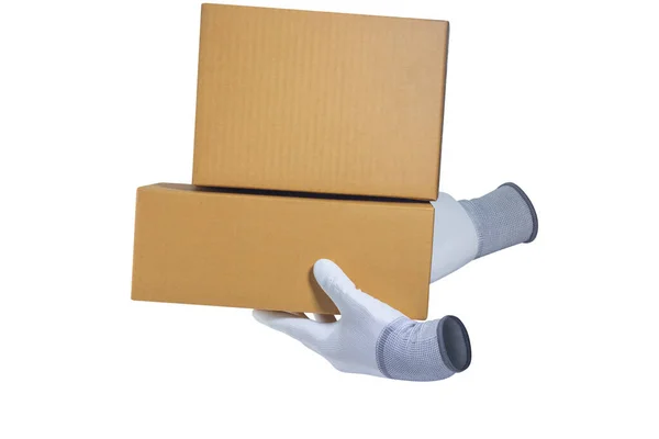 Luvas Brancas Segurando Caixas Papelão Isoladas Fundo Branco — Fotografia de Stock