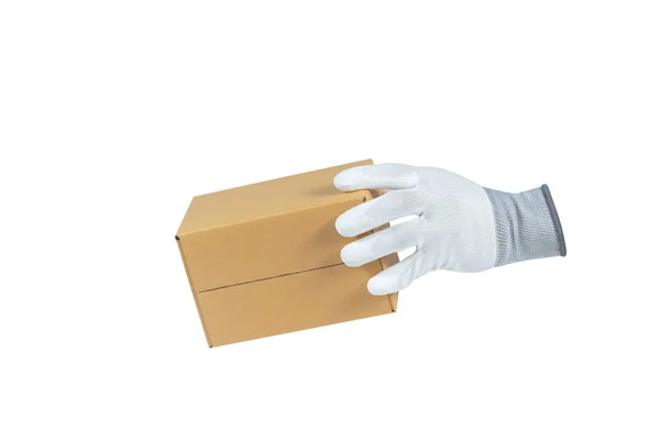 Bílé Rukavice Drží Lepenkové Krabice Izolované Bílém Pozadí — Stock fotografie