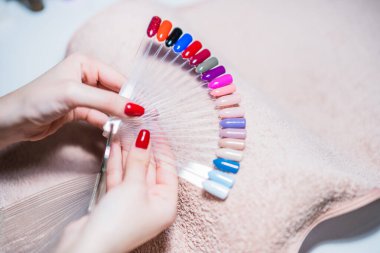 Manikürcünün manikürcünün renk paletini gösteren resmini kapat. Paletin bir kısmına odaklan.