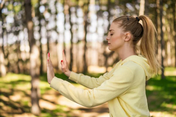 Mulher Bonita Gosta Exercitar Tai Chi Natureza — Fotografia de Stock