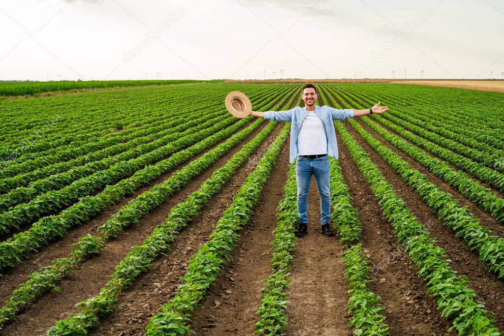 Happy farmer with arms outstretched standing in his growing  soybean field.