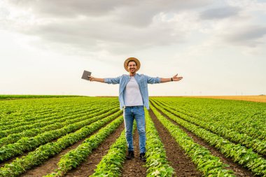 Büyüyen soya fasulyesi tarlasında kollarını açmış mutlu bir çiftçi..