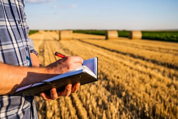 Farmer Writing Notes Examining Straw Successful Harvesting — Foto de Stock