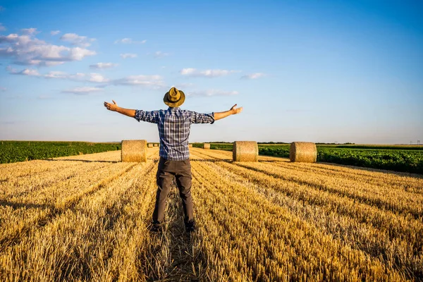 Happy Farmer Arms Outstretched Standing Bales Hay Successful Harvesting — Fotografia de Stock