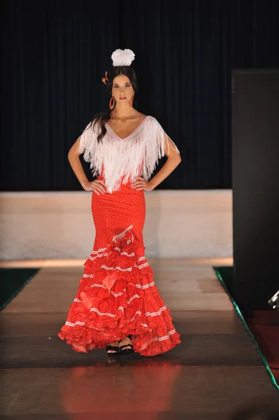 Young Caucasian Model Traditional Flamenco Dress Fashion Runway — Zdjęcie stockowe