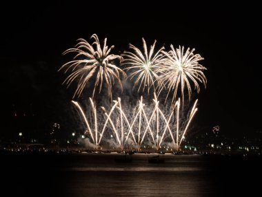 Fireworks by the sea at the ceremonial opening of the city celebrations announce the begining of the annual week Malaga Fair .Feria de Mlaga, Costa del Sol Spain