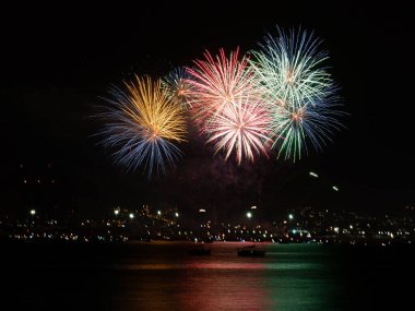 Fireworks by the sea at the ceremonial opening of the city celebrations announce the begining of the annual week Malaga Fair .Feria de Mlaga, Costa del Sol Spain