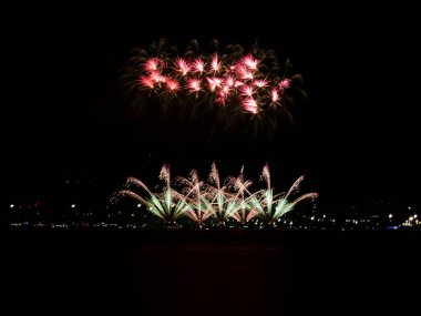 Fireworks by the sea at the ceremonial opening of the city celebrations announce the begining of the annual week Malaga Fair .Feria de Mlaga, Costa del Sol Spain