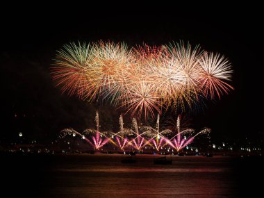 Fireworks by the sea at the ceremonial opening of the city celebrations announce the begining of the annual week Malaga Fair .Feria de Mlaga, Costa del Sol Spain