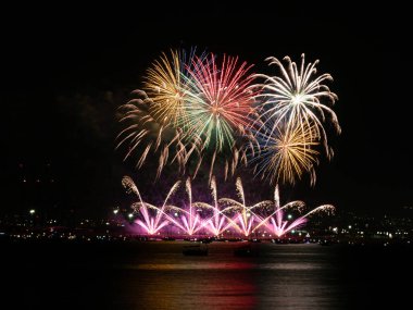 Fireworks by the sea at the ceremonial opening of the city celebrations announce the begining of the annual week Malaga Fair .Feria de Mlaga, Costa del Sol Spain