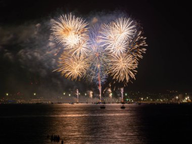 Fireworks by the sea at the ceremonial opening of the city celebrations announce the begining of the annual week Malaga Fair .Feria de Mlaga, Costa del Sol Spain