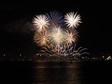 Fireworks by the sea at the ceremonial opening of the city celebrations announce the begining of the annual week Malaga Fair .Feria de Mlaga, Costa del Sol Spain