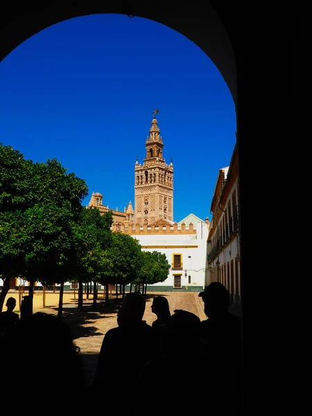 Turistas Observando Giralda Sevilha Pátio Banderas — Fotografia de Stock