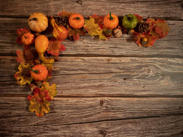 Autumn Composition Pumpkins Dried Leaves Wooden Background Autumn Fall Halloween — Stock Photo, Image