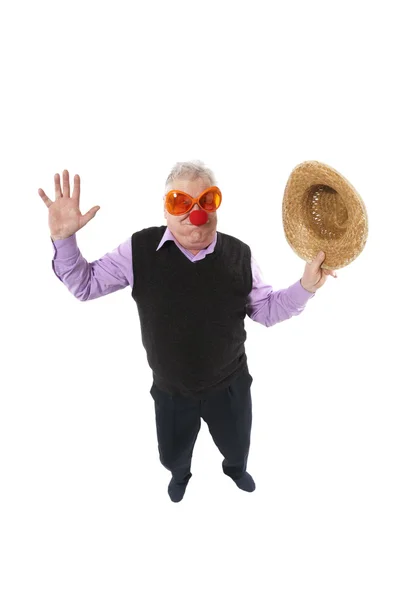 Funny fisheye portrait of the cheerful elderly man — Stock Photo, Image