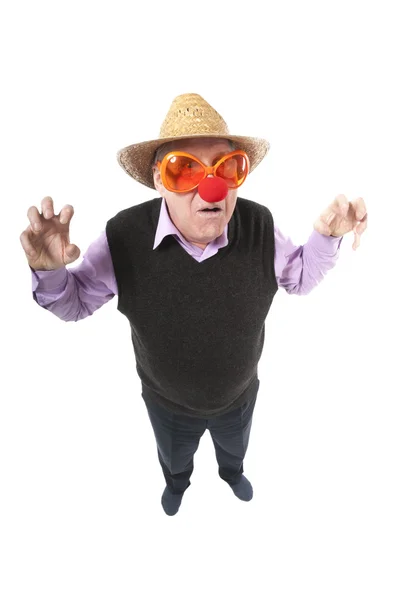 Funny fisheye portrait of the cheerful elderly man — Stock Photo, Image