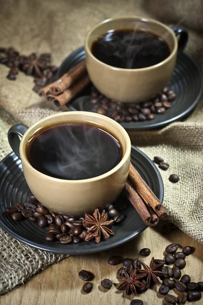 Two cups of coffee with spices — Stock Photo, Image