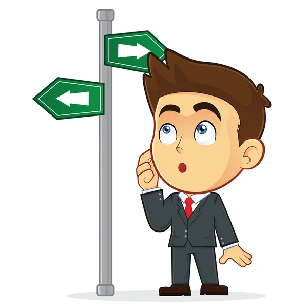 Homme d'affaires regardant un signe qui pointe dans de nombreuses directions — Image vectorielle