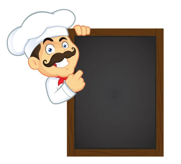 Chef segurando placa de menu de madeira —  Vetores de Stock