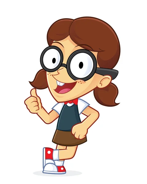 Chica geek apoyándose en un bloque vacío — Vector de stock