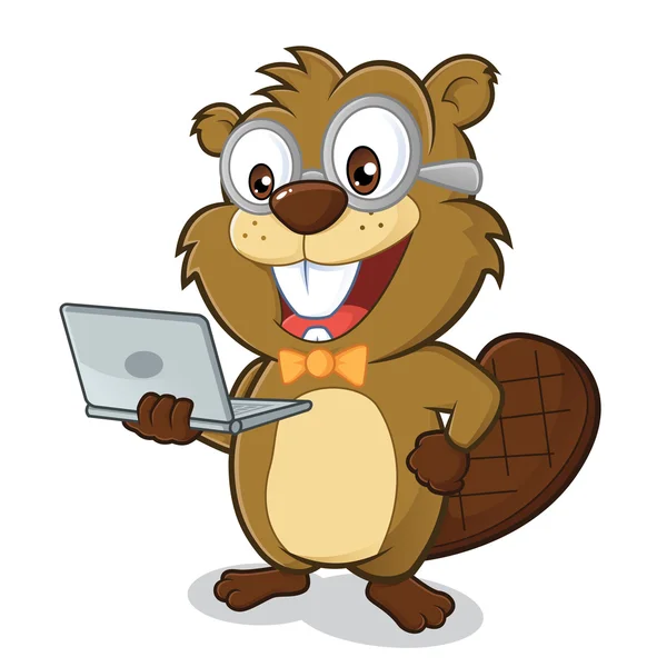 Beaver geek holding laptop — Stock Vector
