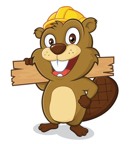 Beaver wearing a hard hat and holding a plank of wood — Stock Vector