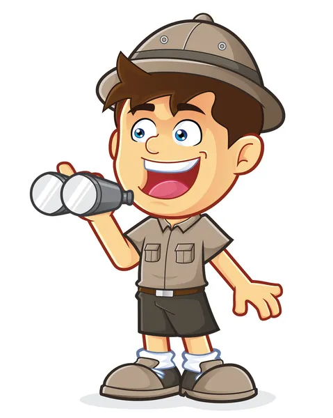 Boy Scout ou Explorer Boy avec jumelles — Image vectorielle