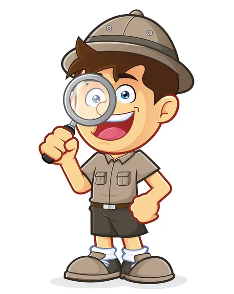 Boy Scout o Explorer Boy con lupa — Vector de stock