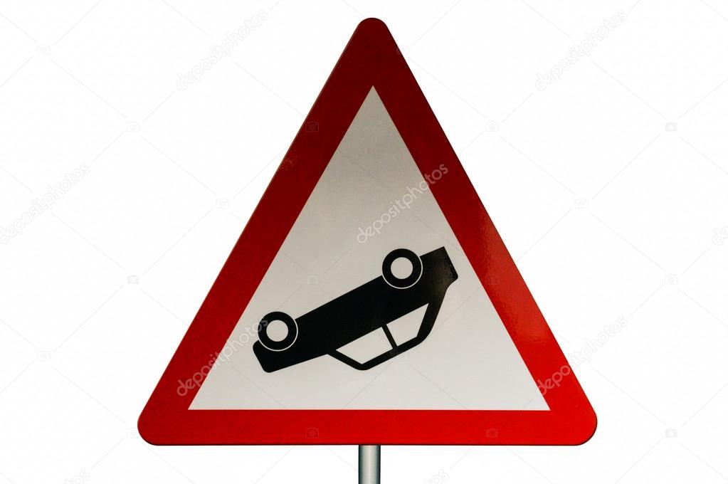 traffic sign with a car upside down. white background