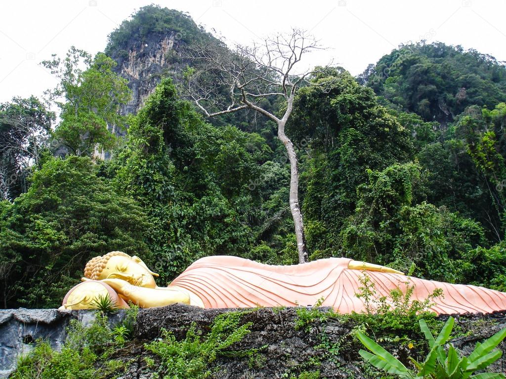 sleeping golden buddha lying in the jungle