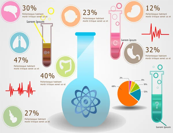 Tubos de ensayo y matraz con círculo y órgano — Vector de stock