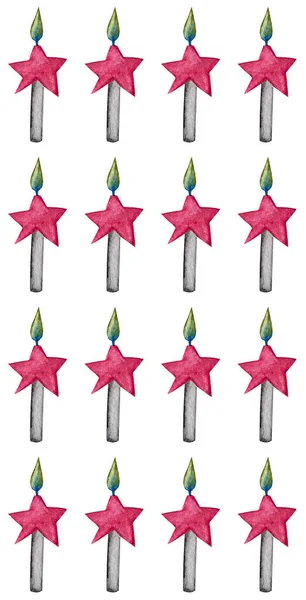 Šedorůžové svíčky s barevným hořícím plamenem a hvězdami. — Stock fotografie