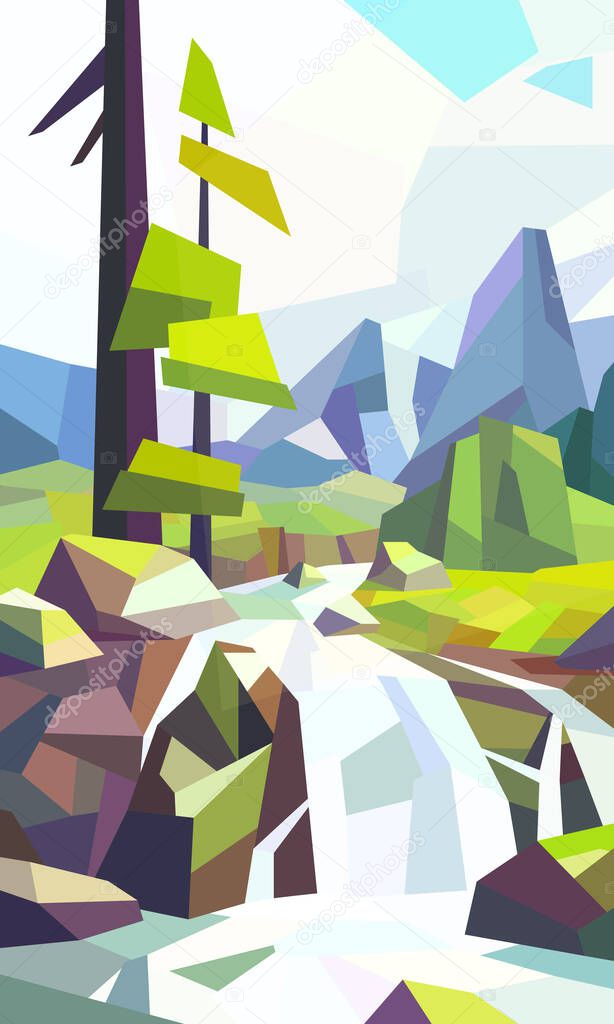 Low poly forest waterfall landscape. Vector illustration