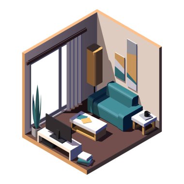 Isometric oturma odası. Televizyonun önündeki küçük kanepe, ortadaki sehpa. Vektör resmi