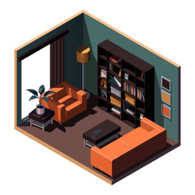 Isometric oturma odası. Turuncu kanepe, koltuk, kitaplık. Vektör resmi
