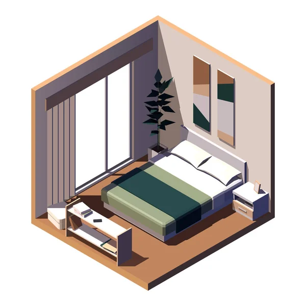 Isometrische Slaapkamer Dubbel Bed Het Midden Foto Aan Muur Vectorafbeelding — Stockvector