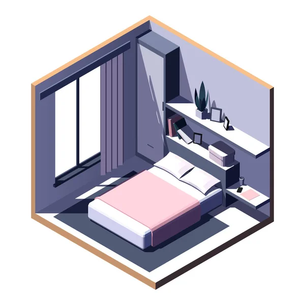等距灰色卧房 中间的粉红色双人床 矢量图像 — 图库矢量图片