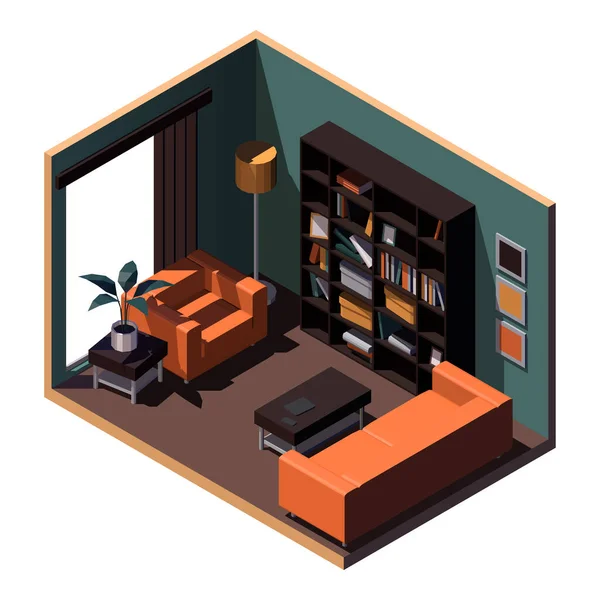 Isometrisches Wohnzimmer Orangefarbenes Sofa Und Sessel Bücherregal Vektorbild — Stockvektor