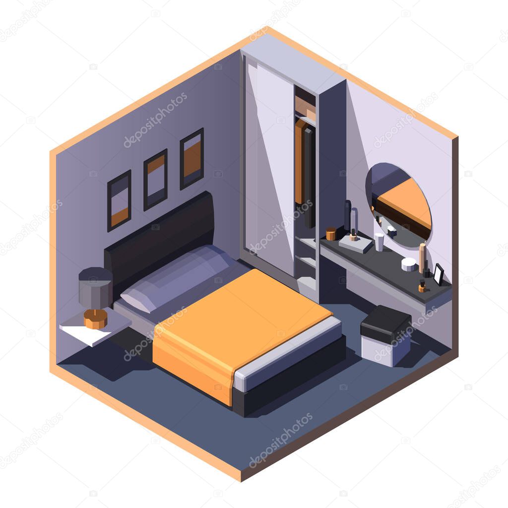 Isometric bed room. Dressing table, ottoman, wardrobe in the corner. Vector image