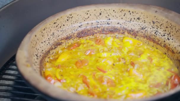Вкусный кипящий веганский суп в миске на барбекю на открытом воздухе, процесс приготовления овощного супа на сжигании Charcoalwsith широкий спектр свежих органических овощей. Вегетарианский барбекю, питательный — стоковое видео