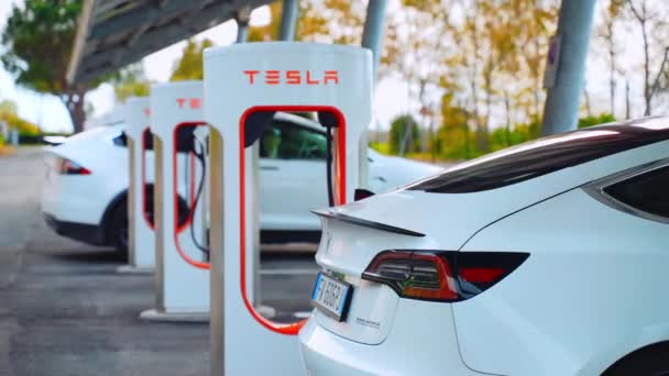 Otonomi listrik Tesla mobil mengisi ulang energi baterai pada stasiun supercharger — Stok Video