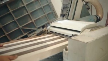 Atölyede ahşap kesme işlemi, marangozlar gıcırdatma makinesinde çiğ, renkli ahşap tahtaların cilalanması. Zanaatkar işçiler üretimdeki testere makinesinden ahşap ürün geçiriyorlar.