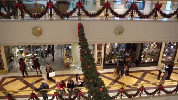 ローマ,イタリア- 2019年12月19日:クリスマスの装飾が施されたローマのショッピングセンターでの休暇前の喧騒、高級ブティックや流行のブティック店を訪れる人々、ギフトやプレゼントを購入する — ストック動画