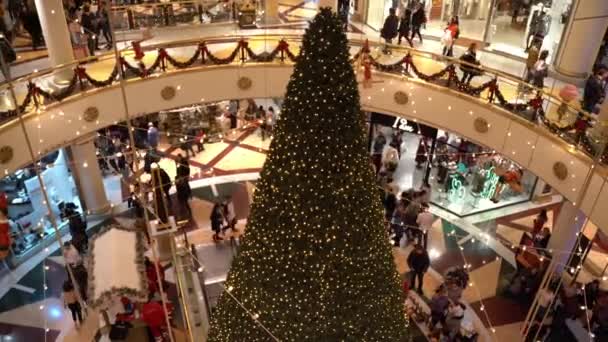 ROMA, ITALIA - 19 DICEMBRE 2019: Vista dall'alto di un bellissimo albero di Natale scintillante nel centro commerciale romano, nei pavimenti in marmo e nei negozi di moda decorati con ghirlande e ornamenti natalizi. Folle di — Video Stock